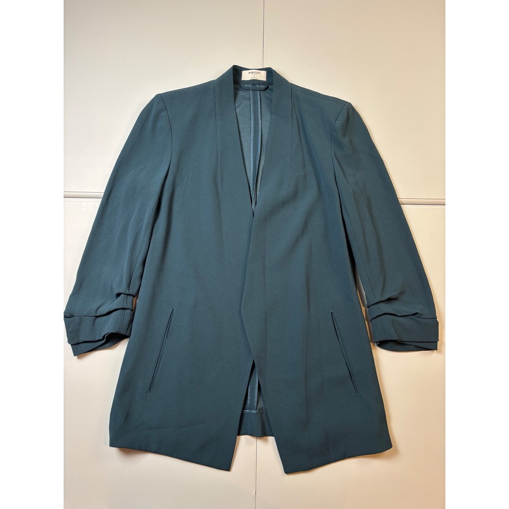 Babaton Aritzia Power Hip Blazer Teal Blue‎ Open Front 3/4 Ruched Sleeve Size 4